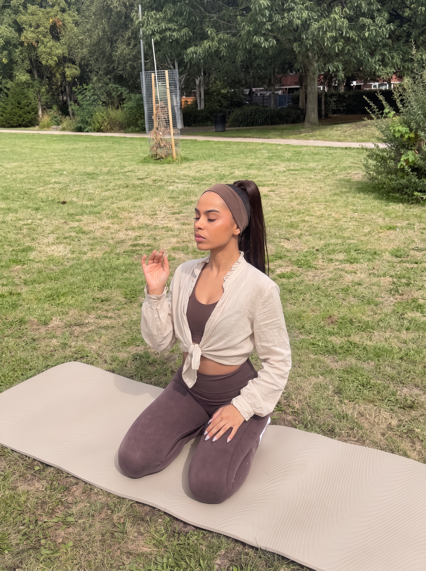 Ana breathing calmly in a beige shirt on a beige yoga mat in the park